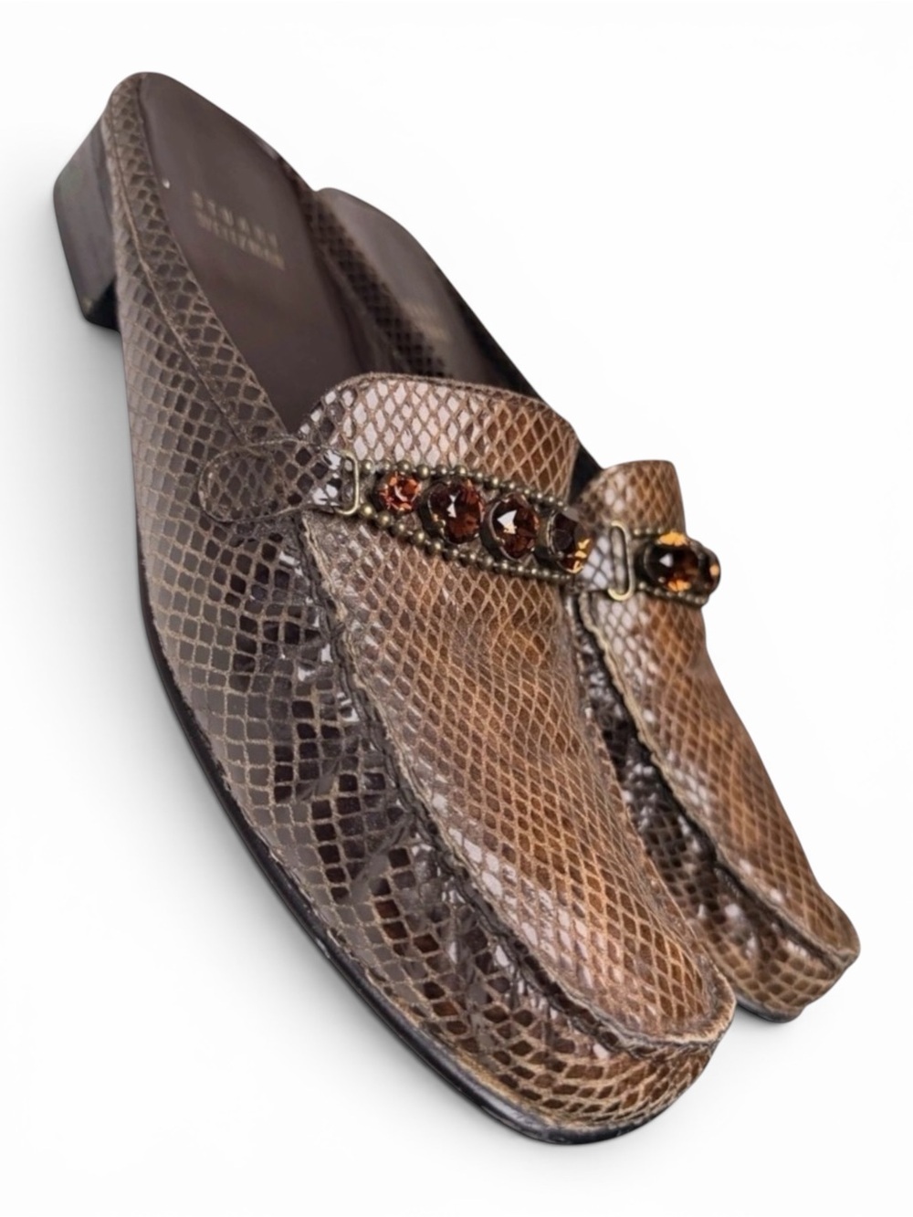 Stuart Weitzman Hardrock Jewel Mule Loafers Brown Embossed Leather Sz 9